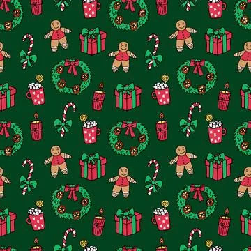 Pattern gifts, wreath, sugar cane, hot chocolate, gingerbread on dark green Stock Illustration