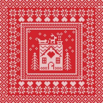 Pattern with gingerbread house with red background Stock Illustration