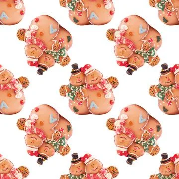 Pattern with gingerbread snowmen on a white background. Stock Illustration