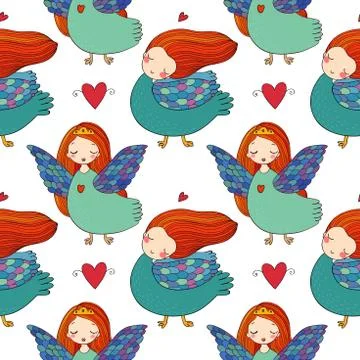 Pattern with girl Sirin. Stock Illustration