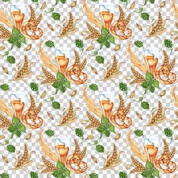 Pattern glass with beer splashes pretzel wheat and hops watercolor Stock Illustration
