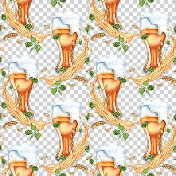 Pattern glass with beer splashes wheat and hops watercolor Stock Illustration