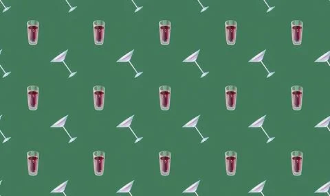 Pattern of glasses with pink drinks and martini glasses on green background Stock Illustration