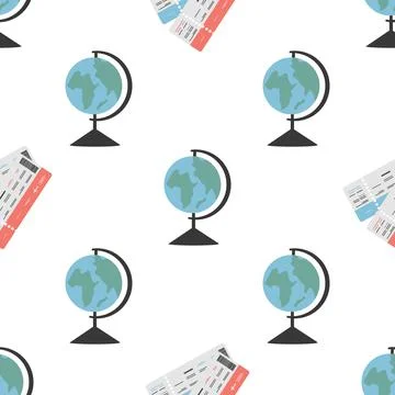 A pattern of the globe and tickets on a white background Stock Illustration