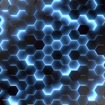 A pattern of glossy black hexagons with a dynamic blue neon glow. 3d render Stock-Illustration
