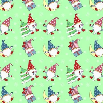 Pattern Gnomes Christmas cute in different positions for wrapping gift boxes of Stock Illustration