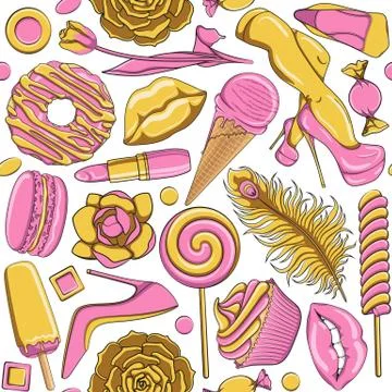 Pattern of gold and pink glamorous female illustrations. Stock Illustration