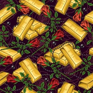 Pattern with gold bars, beads, roses, dollar sign Stock Illustration