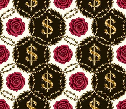 Pattern with gold beads, dollar sign, red roses Stock Illustration