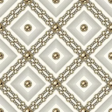 Pattern with gold chains, beads, outline squares Stock Illustration