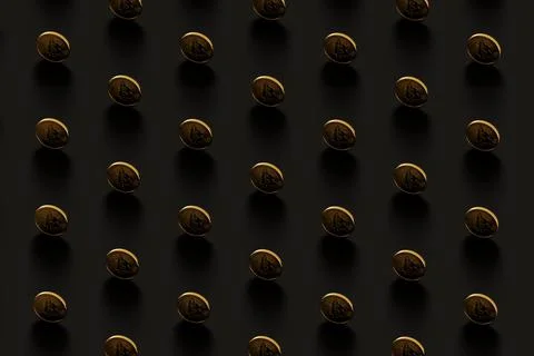 Pattern of gold coins of bitcoin cryptocurrency on a dark background. Stock Photos