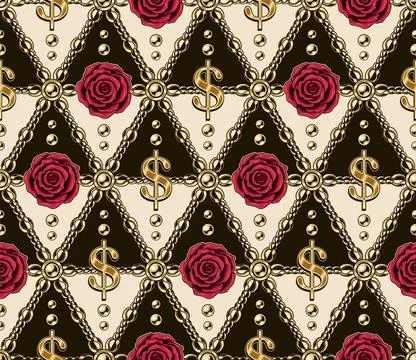 Pattern with gold dollar sign, chains, roses Stock Illustration