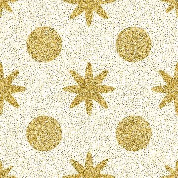 Pattern with gold glitter textured circle and star on the white background Illustrazione stock