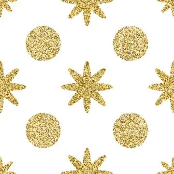 Pattern with gold glitter textured circle and star on the white background Stock Illustration