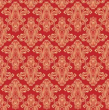 Pattern, gold monograms on a red background, vector illustration, Stock Illustration