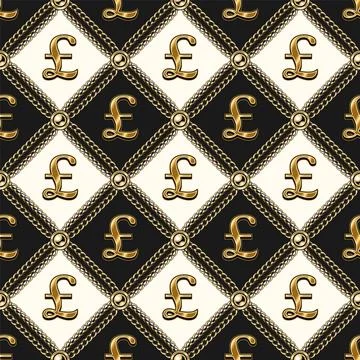 Pattern with gold pound sterling, chains, beads Illustrazione stock