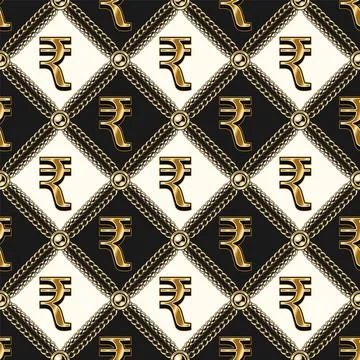 Pattern with gold rupee sign, chains, beads Stock Illustration