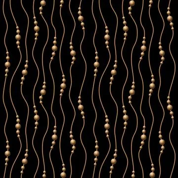 Pattern with golden balls, beads on wavy vertical golden cord. Stock Illustration