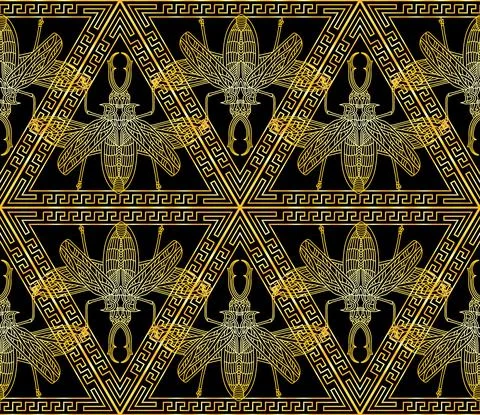 Pattern with golden beetles in a triangular ornament in the Greek style イラスト素材