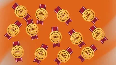 Pattern of Golden Best Seller Badges with Red Ribbons on Colorful Background Stock-Footage 345539151
