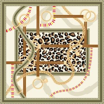 Pattern with Golden Chain, Belts and Leopard Print for Fabric Design. 스톡 일러스트