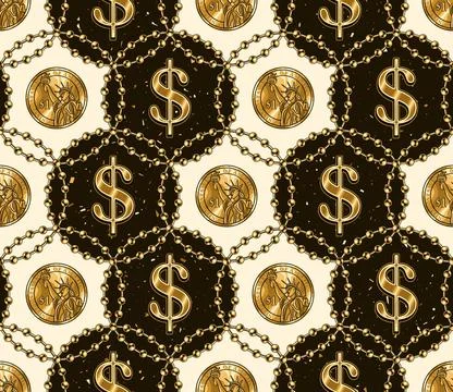 Pattern with golden dollar sign, one dollar coins Illustrazione stock