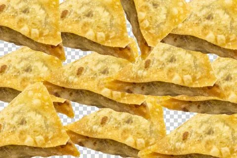Pattern of golden fried triangle samosas, crispy pastry snacks with savory. Stock Photos