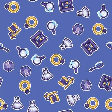 Pattern golden ring, diamond, mirror, dress, wardrobe, hairbrush and thread with Stock Illustration
