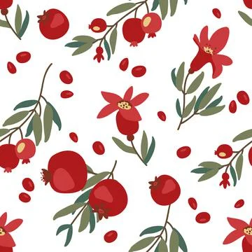 Pattern granate fruit, red juicy, leaves and seeds Stock Illustration