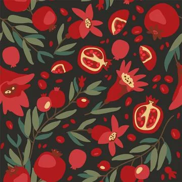 Pattern granate fruit, red juicy, leaves and seeds Stock Illustration