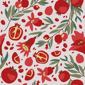 Pattern granate fruit, red juicy, leaves and seeds Stock Illustration