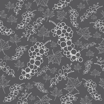 Pattern grape leaves white line sketch on gray background Stock Illustration