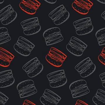 Pattern with gray and red burgers on black background Stock Illustration
