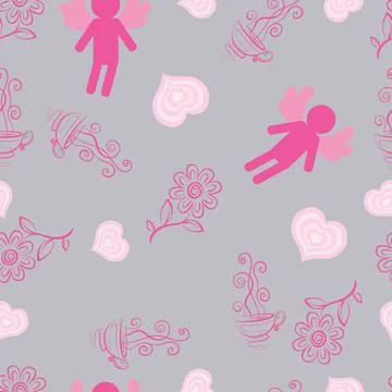 Pattern, on a gray calm background, pink hearts and people with wings, vector Stock Illustration