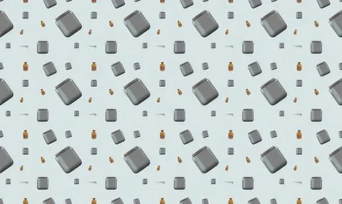 Pattern of gray cubes and small gold bottles on light blue background Stock Illustration