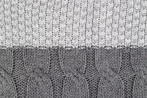 Pattern by gray knitting wool yarn texture, kraft handmade Stock Photos