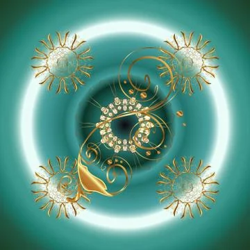 Pattern on green and blue colors with golden elements. Ornamental floral element Illustrazione stock