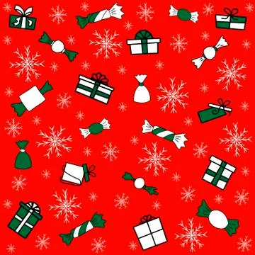 Pattern with green and white gift boxes, white snowflakes and sweets on red b Stock Illustration
