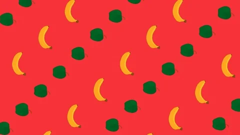 Pattern green apples and yellow bananas fly diagonally on a red background loop Stock Footage 144266136