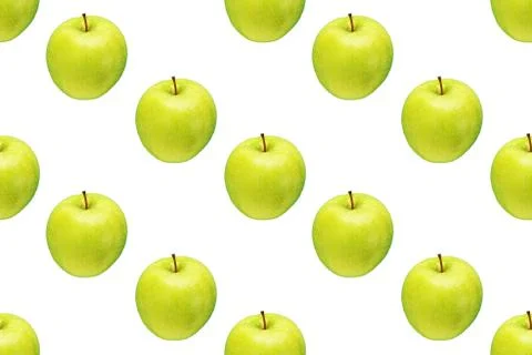 Pattern of green apples on a white background. Isolated fruits. Image for fabric Stock Photos