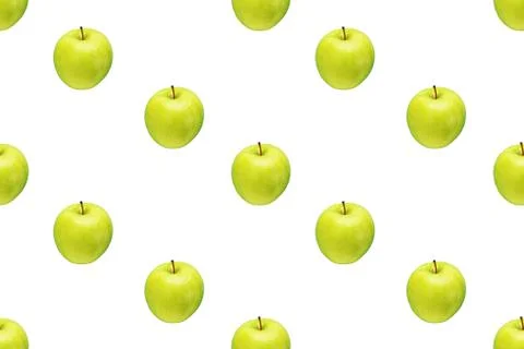 Pattern of green apples on a white background. Isolated fruits. Image for fabric Stock Photos