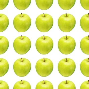 Pattern of green apples on a white background. Isolated fruits. Image for fabric Stock Photos