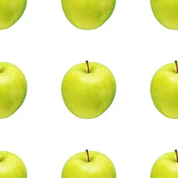 Pattern of green apples on a white background. Isolated fruits. Image for fabric Foto stock