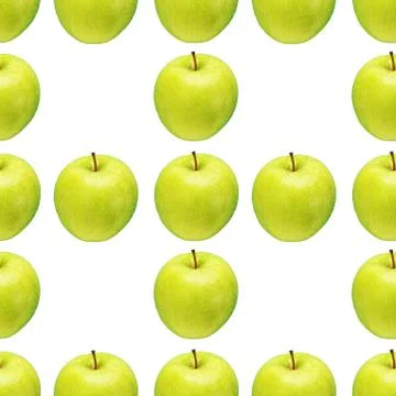 Pattern of green apples on a white background. Isolated fruits. Image for fabric Stock Photos