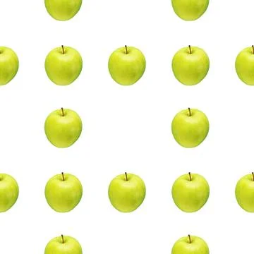 Pattern of green apples on a white background. Isolated fruits. Image for fabric Stock Photos