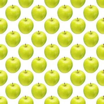 Pattern of green apples on a white background. Isolated fruits. Image for fabric Stock Photos