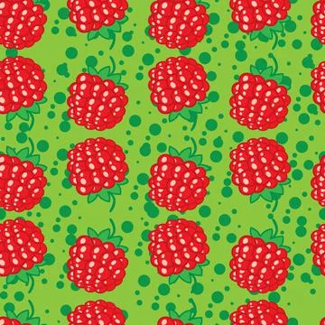Pattern, on a green background, bright red berries, raspberries, vector illus 스톡 일러스트