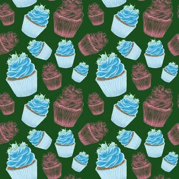 The pattern on the green background of the cupcake is blue, the colorful patt Stock Illustration