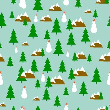 Pattern of green fir tree, white snowman in red hat and mountains on a blue b Stock Illustration