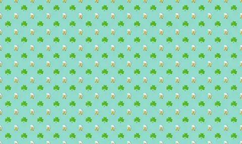 Pattern of green four-leaf clovers and white flowers on blue background Stock Illustration